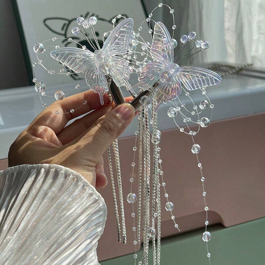 Girls' Butterfly Tassel Hairpin, Ancient-Style Hanfu Hair Accessories, Kids Crystal Stage Performance Nature-Inspired Princess Birthday Hair Decor, Cute