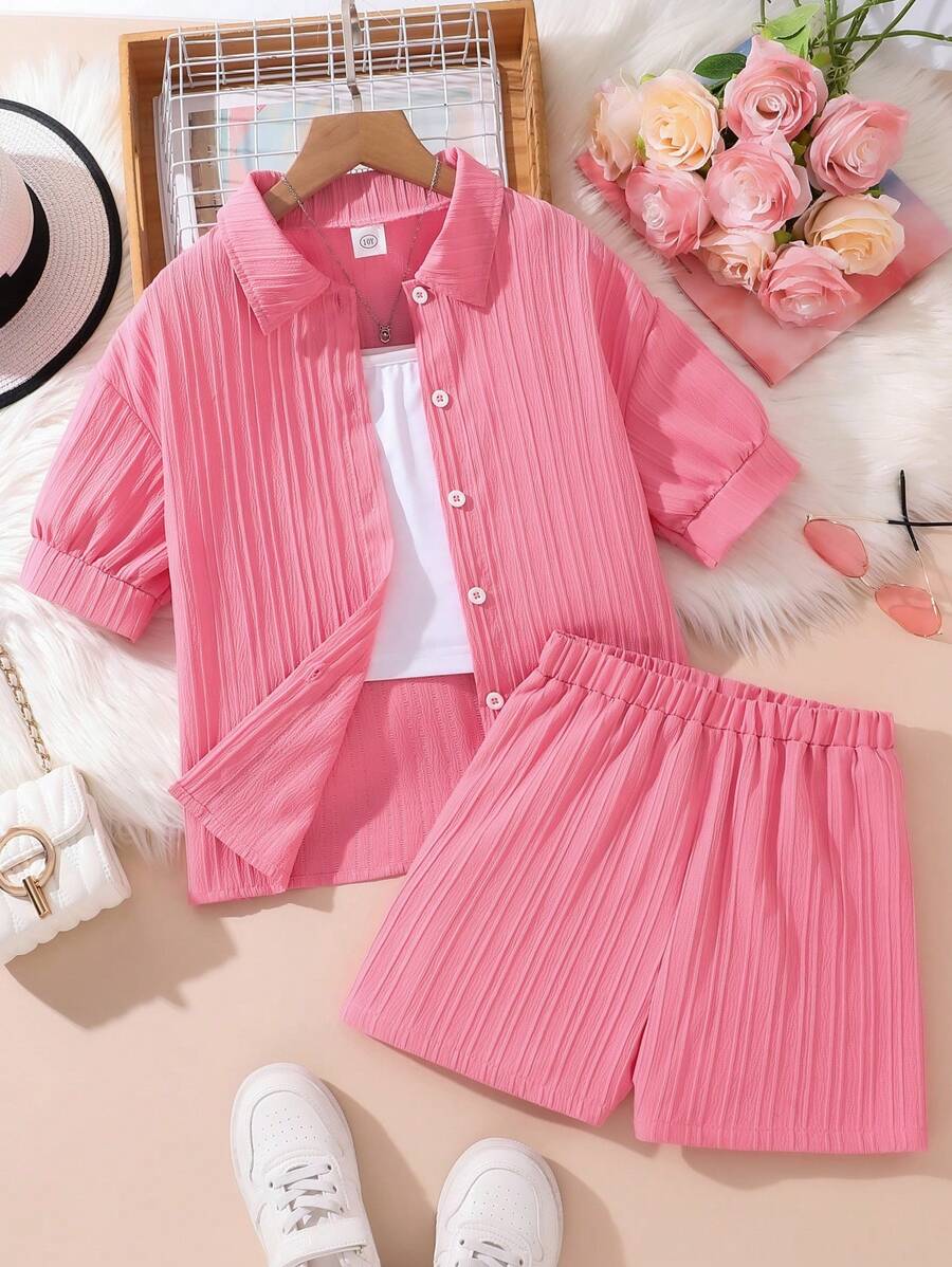 Left Mama Mädchen Lässig Sport Polokragen Shirt & Shorts Set, geeignet für Strand & Urlaub, Sommer
