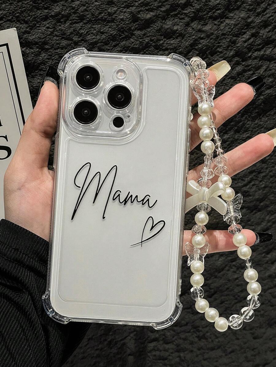 1 pieza Funda de teléfono transparente a prueba de golpes con estampado de corazón con línea de letras de bloque de color patrón único MAMA, con pulsera a juego, apta para uso personal o como regalo, compatible con Apple compatible con iPhone 11/12/13/14/15/16/16PRO/16PROMAX, Galaxy A05/A15/A25/A35/A53/A54/A55/S23/S24