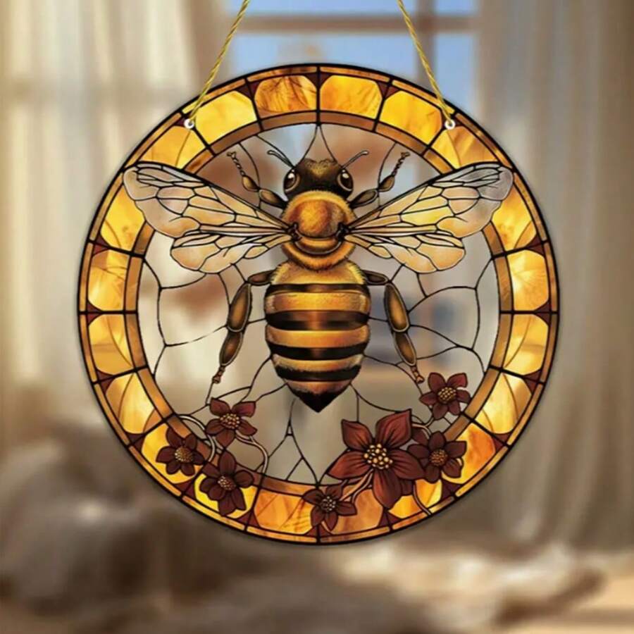 1 Piece, 2D Bee And Flower Sun Catcher, Colored Glass Pendant, Suitable For Indoor/Outdoor Use, Suitable For Garden, Porch, Bedroom, Office Decoration, Perfect Spring Gift