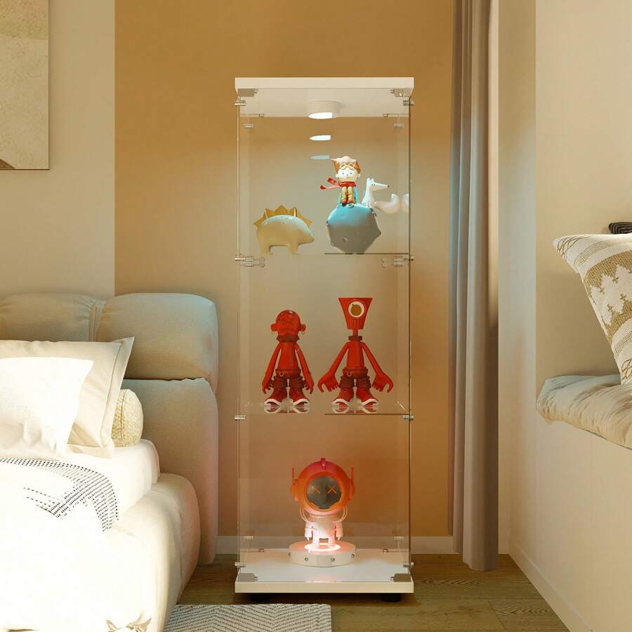 Vetrina in vetro, 125 x 42 x 36 cm con 3 ripiani, vetrine per soggiorno, vetrina in vetro a LED, 1 anta con serratura, vetrina per collezioni di vetrine in piedi per camera da letto, ufficio