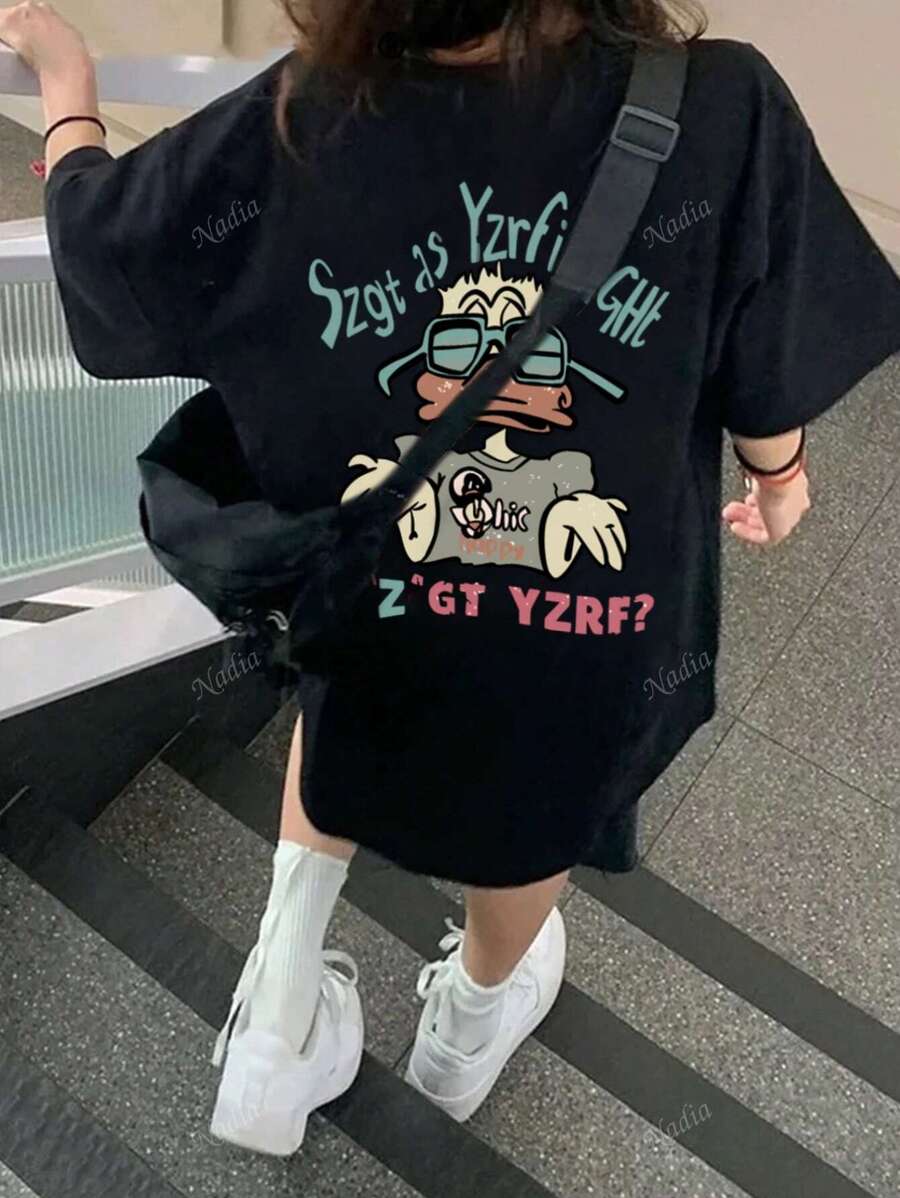 Women's Summer Loose Fit Round Neck Cute Duck Cartoon Print T-Shirt