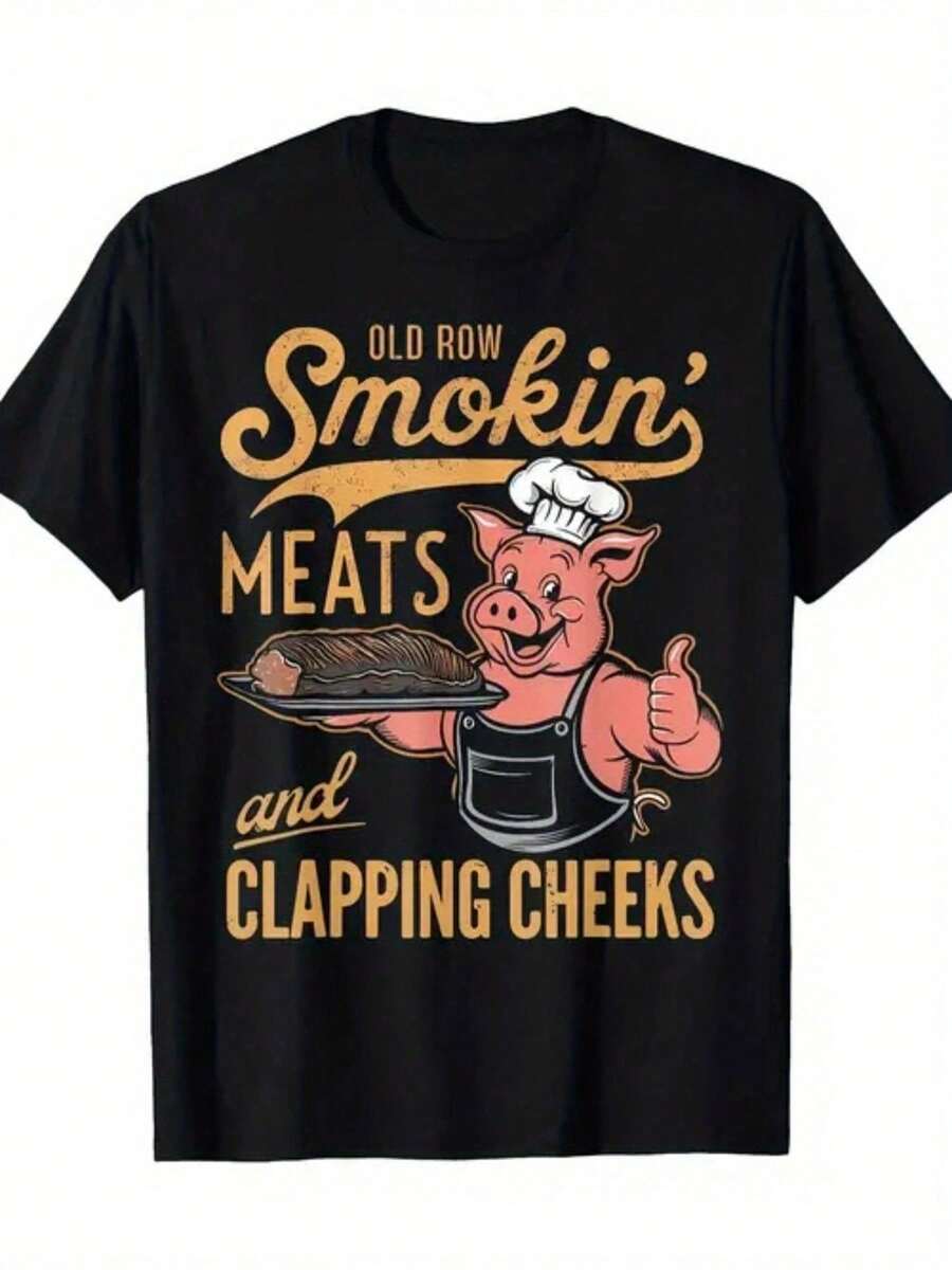 Plus Size Men's,Old Rows Smokin' Meats And Clapping Cheeks Funny Pig Chef ,(1 Pcs )100% Cotton Casual Printed T-Shirt,Crew Neck Short Sleeve,220g Cotton T-Shirt,For Going Out,Gift,Summer,Unisex