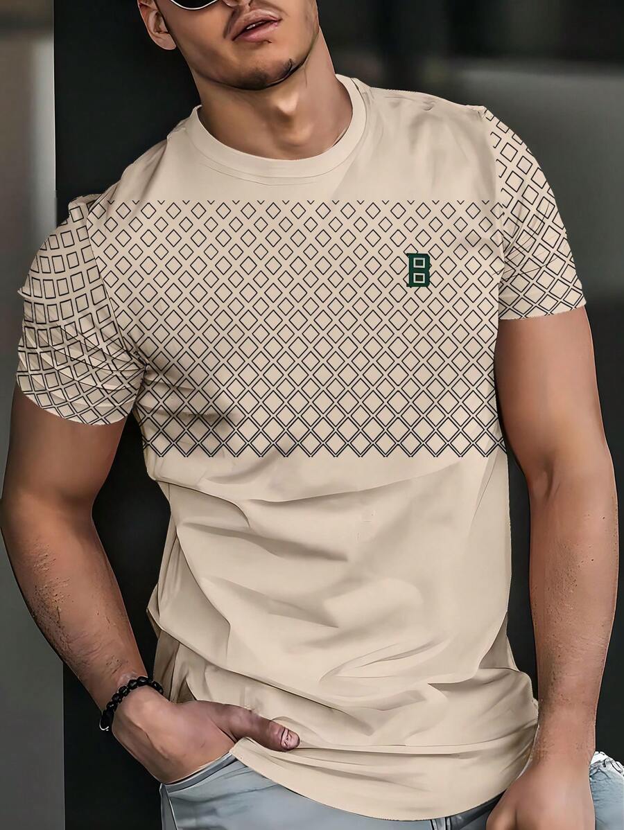 Men's Fashionable Light Beige Short Sleeve T-Shirt, Geometric Diamond Patchwork With Casual "B" Logo, Short Sleeve Men's Summer Outdoor Clothing Pullover