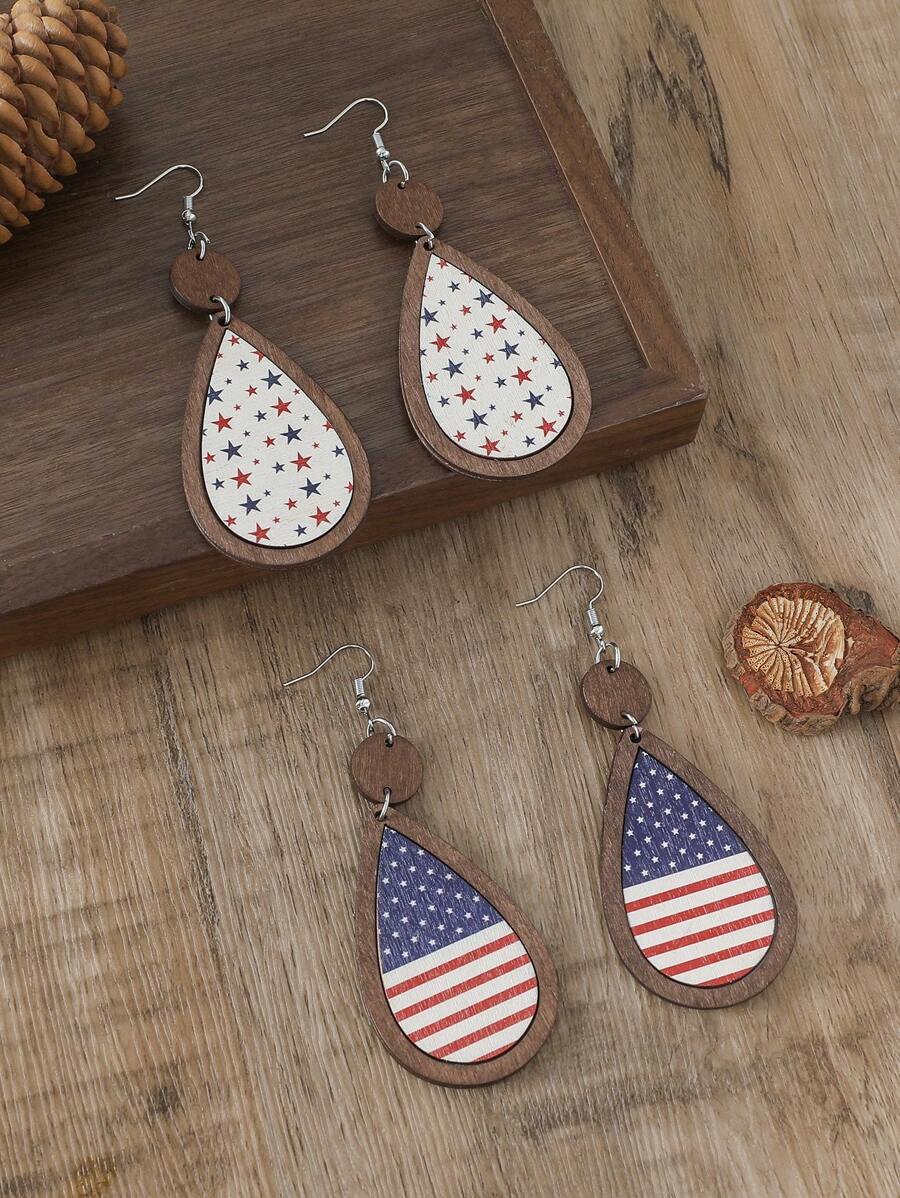 1 Pair New Patriotic Layered Wooden Star Stud Earrings With Wooden Frame, Celebrate 4th Of July