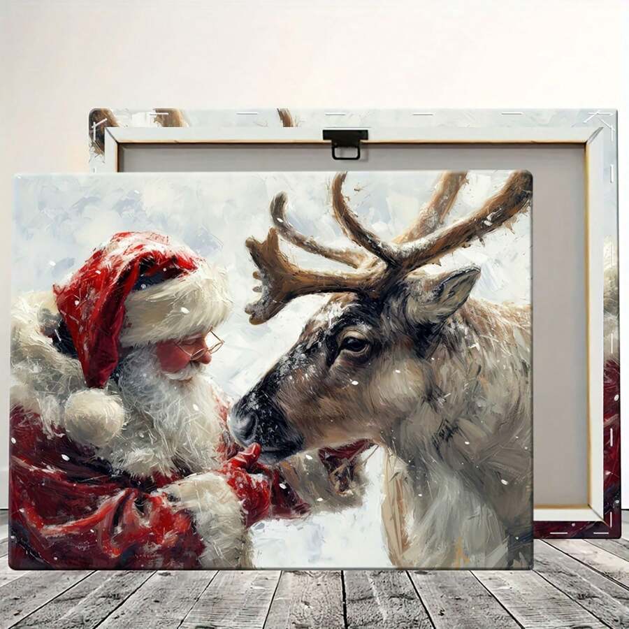 Wooden Framed Santa Claus Petting Reindeer Canvas Wall Art - Festive Christmas Decor For Home, Bedroom, Or Office - Ready To Hang -Vibrant Holiday Design, Seasonal Artwork | Modern Framed Art | Wooden Frame Canvas, Holiday Decorations