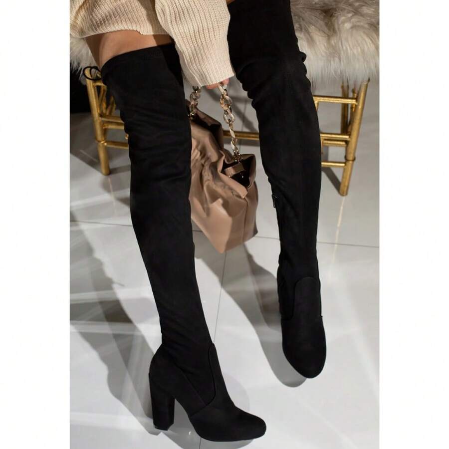 Bota Feminina Over Camurça The Knee Salto Alto Quadrado Grosso- Bota Cano Alto Suede botas feminina elegant