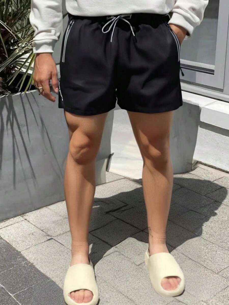 Shorts Esportivos Casuais de Verão Masculinos - Preto, com Bolsos com Zíper, Adequados para Corrida, Caminhada e Atividades ao Ar Livre, Vestuário Esportivo Outdoor | Shorts de Estilo Casual | Shorts com Zíper