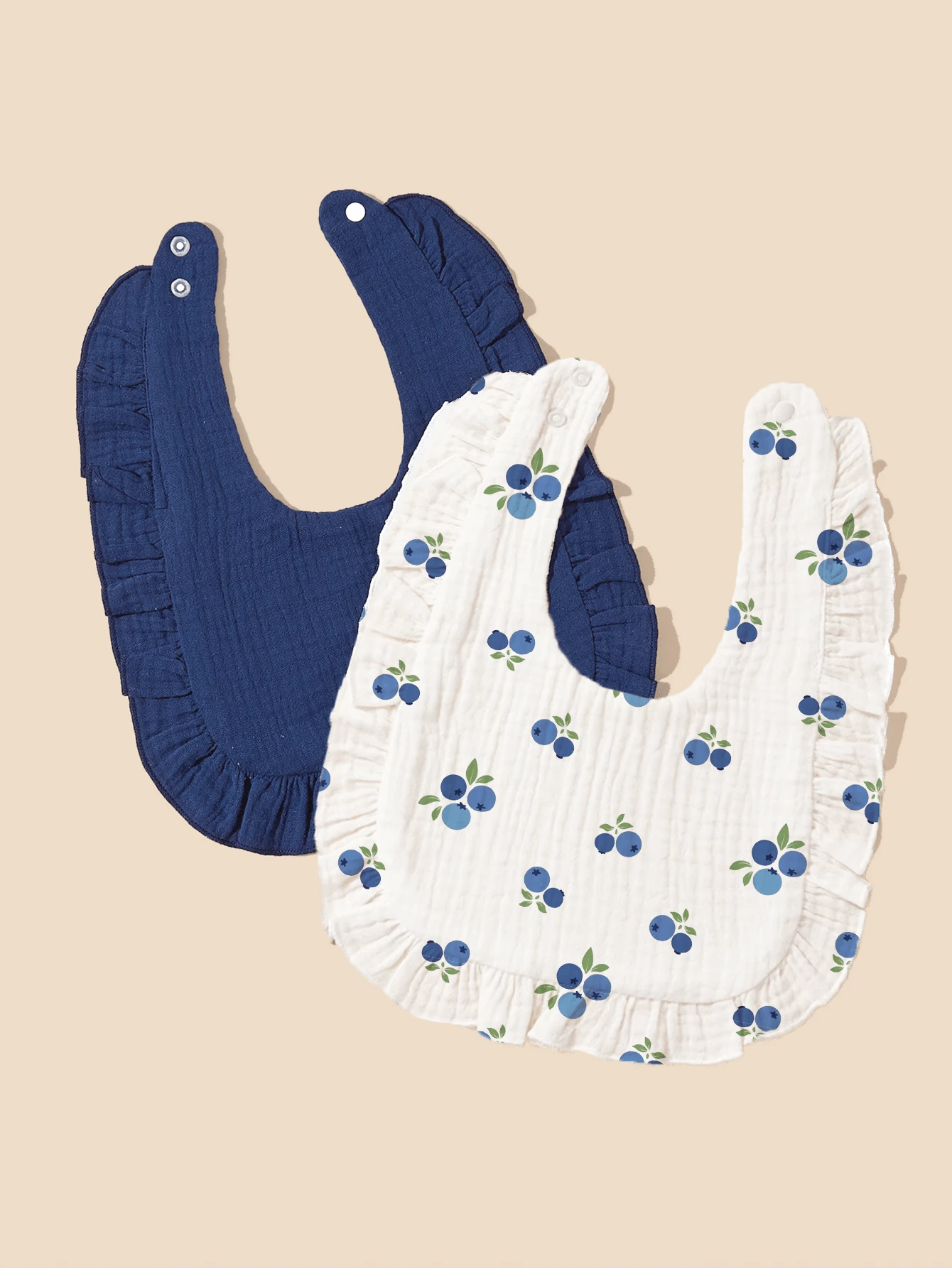 2 Pcs Soft Comfortable Blueberry Fruit Print Adorable Baby Bibs With Ruffle Edges