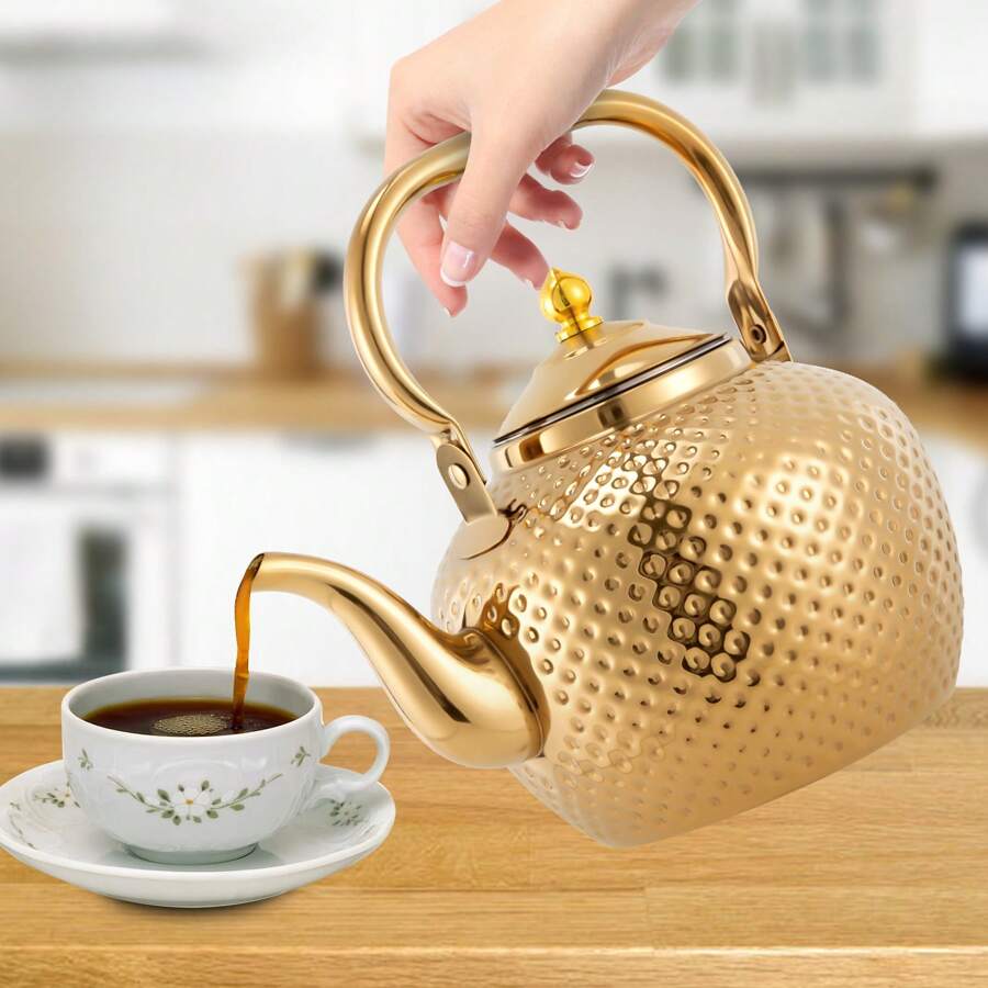 RibasuBB 2L Stainless Steel Teapot With Tea Filter, Hammered Gold Design, Anti-Scald Handle, Easy Clean, Ideal For Induction & Gas Stoves, Perfect Gift For Tea Lovers