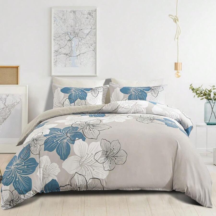3 Pieces Duvet Cover Set King Purple Floral Pattern Comforter Cover Set Elegant Boho Lily Duvet Cover With 2 Pillow Cases Lightweight Microfiber Bedding Duvet Cover Set For All Season 90"X 104"