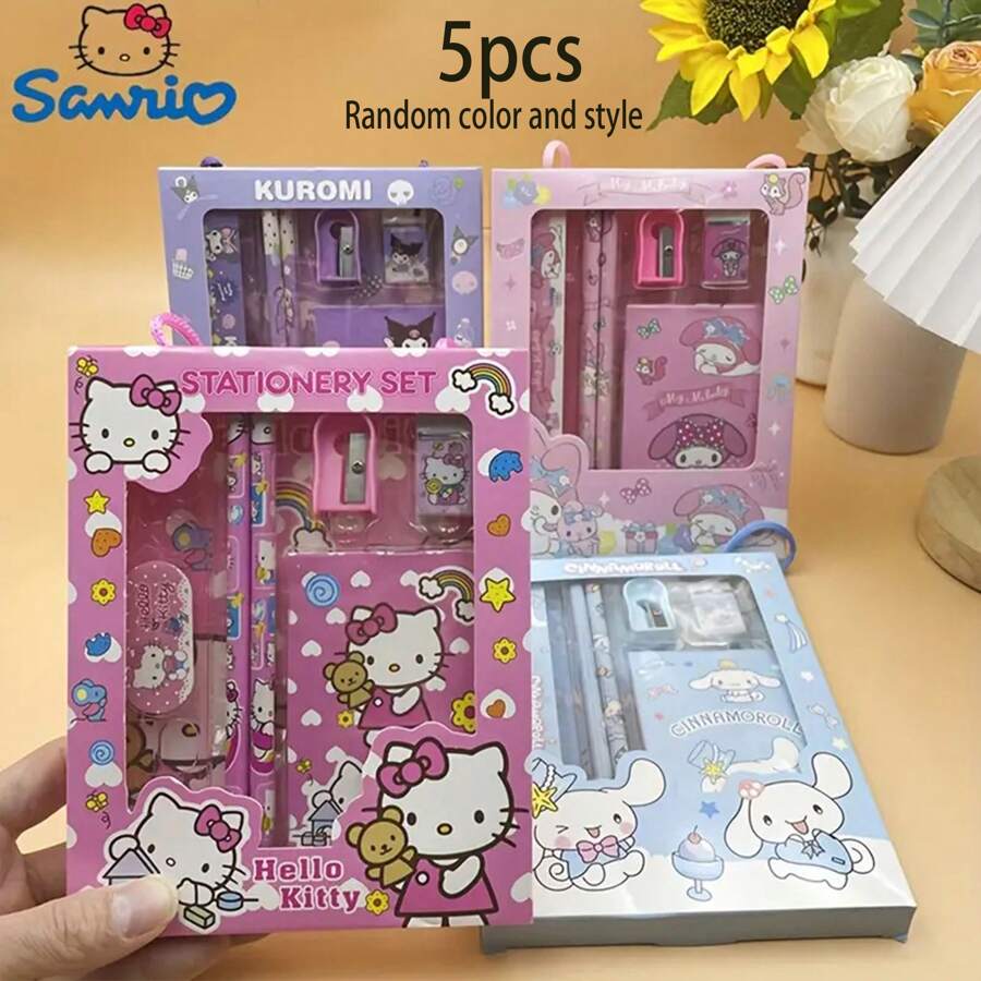 Sanrio Set de 5 piezas/3 piezas de artículos de papelería y regalo con diseños de dibujos animados lindos de Sanrio - Incluye cuaderno, lápiz, regla, sacapuntas y borrador, con Kuromi, Melody, Cinnamoroll. Regalo perfecto para cumpleaños, Navidad o vuelta al colegio (Set de 5/3/1, color y estilo enviados al azar)