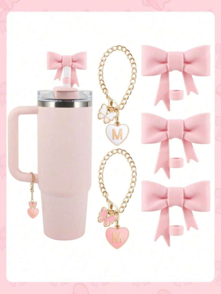 2pcs/Set: 1pc Silicone Bow Straw Topper & 1pc Letter Heart Bow Cup Tag, Fit For 40oz Cup, 10mm Straw Diameter, With Handle Glass Cup, Cute Pink Butterfly Decoration, Back To School Supplies