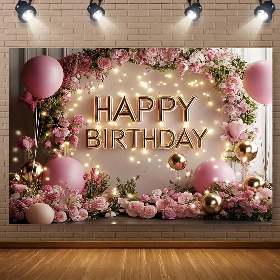 1 Pc Elegant Pink Balloon Birthday Backdrop, With Floral Wreath And Golden Accents - Made Of Polyester Fabric, Ideal For Social Gatherings, Photography And Celebrating Special Occasions, Birthday Party Decoration