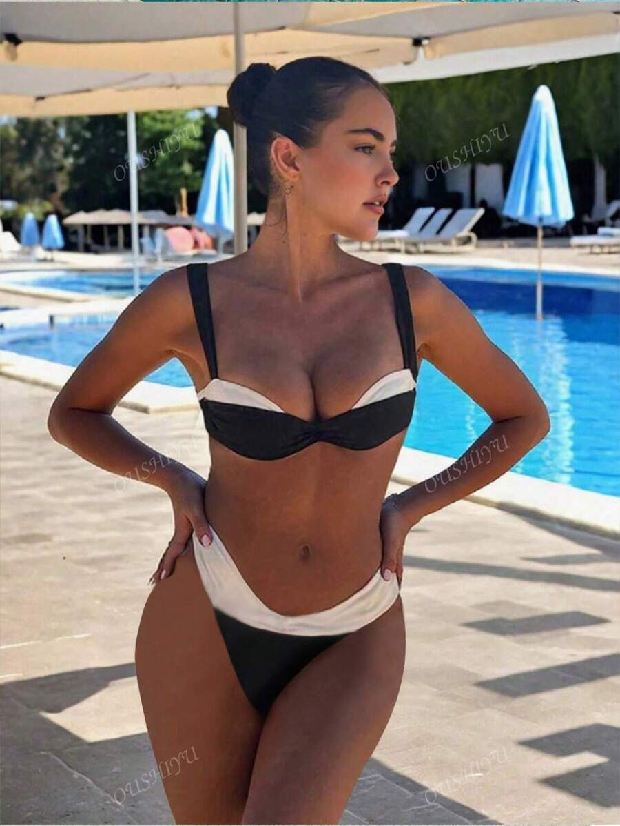 Nuovo arrivo Stile europeo e americano Set bikini in colore unito sexy a contrasto, adatto per vacanze