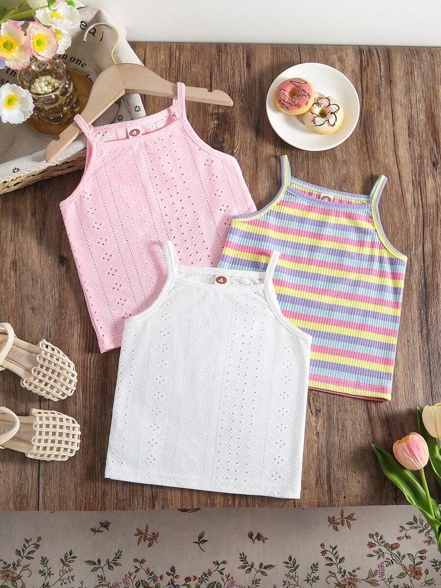 3 pezzi canottiere a costine jacquard a righe arcobaleno per ragazze, di moda e casual