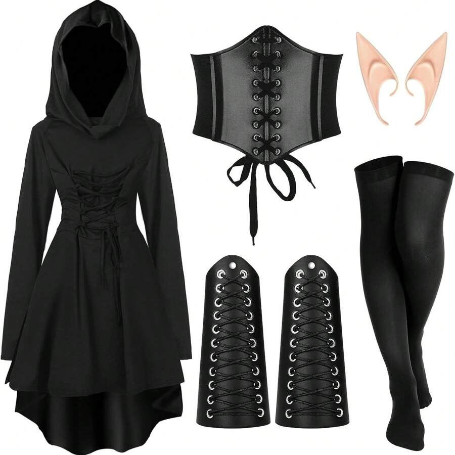 Halloween Women's Renaissance Fairy Costume Set, Medieval Hooded Dress With Accessories, Get Ears As A Gift