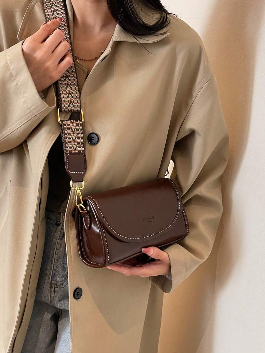 Bolso de hombro cuadrado de estilo vintage con correa ancha - Bolso cruzado con solapa de unicolor y elegante con correa ajustable para mujer - Perfecto para uso diario y viajes