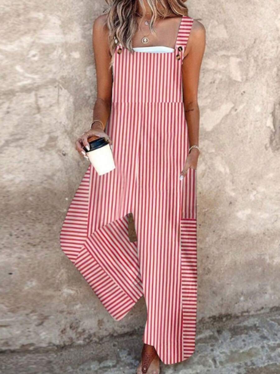 Women's Casual Square Neck Striped Patchwork Long Jumpsuit With Suspenders