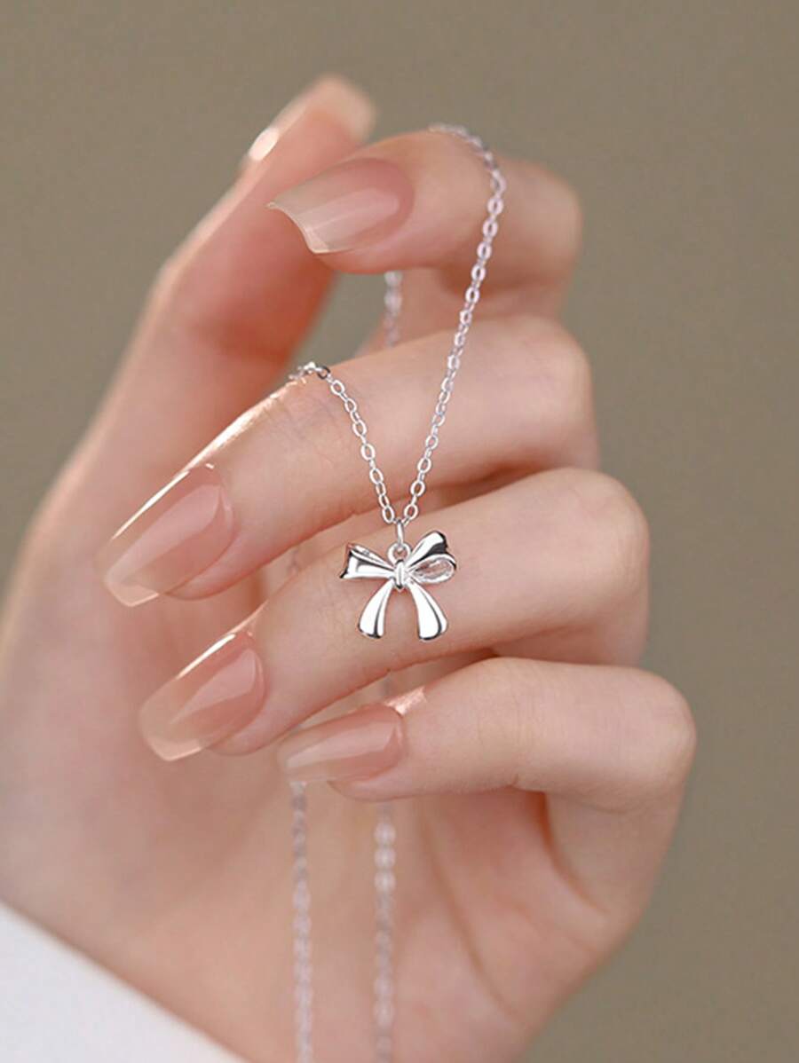 1st Elegante Dame Sieraden Strik Hanger Ketting, 925 Sterling Zilver, Veelzijdig, Sierlijk, Geschikt Voor Dagelijks Gebruik, Feesten En Verjaardagscadeaus