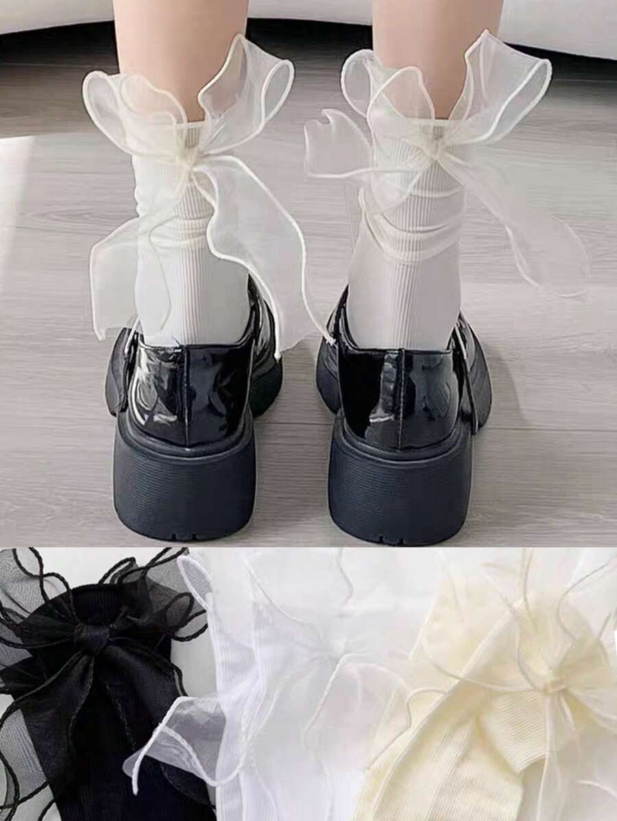 1 Pair/3 Pairs Women Solid Color Cute Bowknot Mid-Calf Socks, Sweet Lace Design, Thin Fabric For Spring/Summer