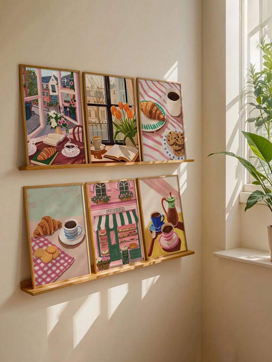 1/6pcs Coffee Shop City Bakery Illustration Croissants And Cookies Art Poster Canvas Painting Wall Print Picture For Kitchen Home Decor,Frameless