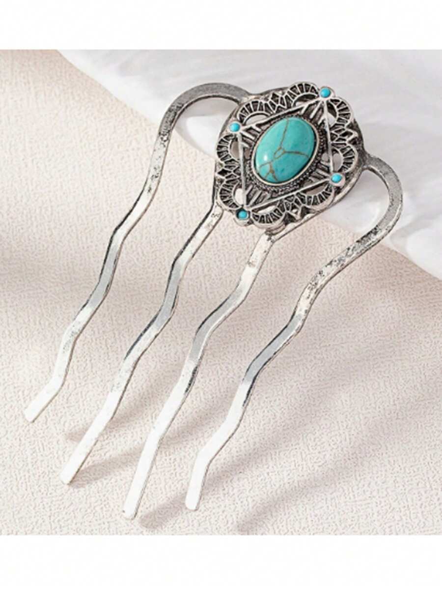 1 Pieza de horquilla/peineta minimalista y retro de plata y turquesa para el cabello de mujer