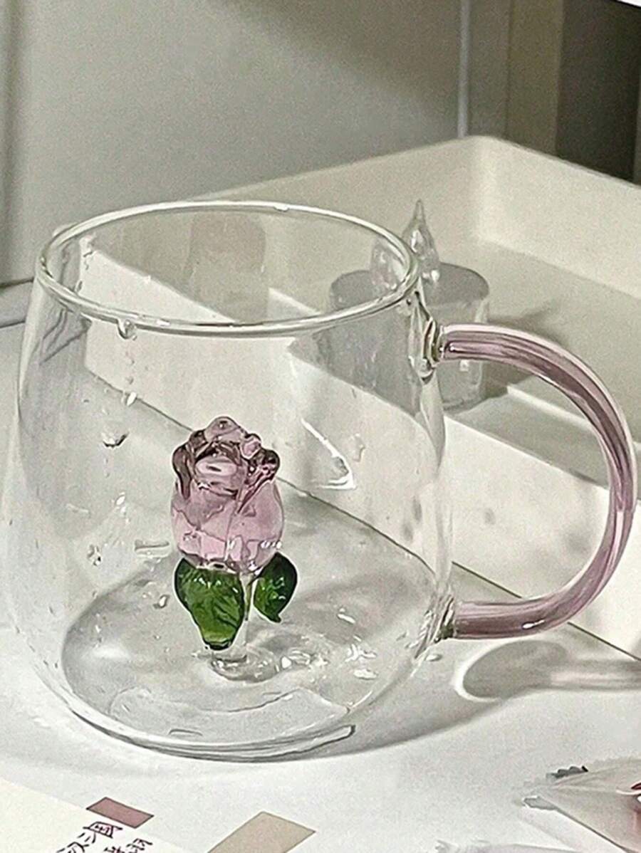 1pc 400ml 3d Rose Flower Design Single Layer Glass Cup With Clear Straight Body, For Juice, Beverage, Water, Milk Tea