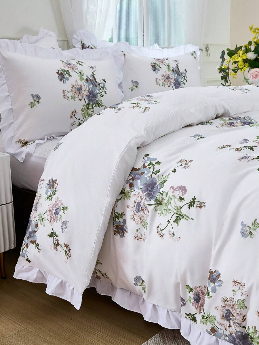2/3 Pcs Ruffled Floral Printed Bedding Set (1 Duvet Cover + 1/2 Pillowcase), Soft & Breathable, Suitable For Hotel, Bedroom, Dormitory, All Seasons, Without Comforter And Pillow