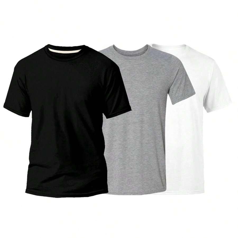 Kit Of 3 Men's T-Shirts 100% Cotton Basic Plain Round Neck