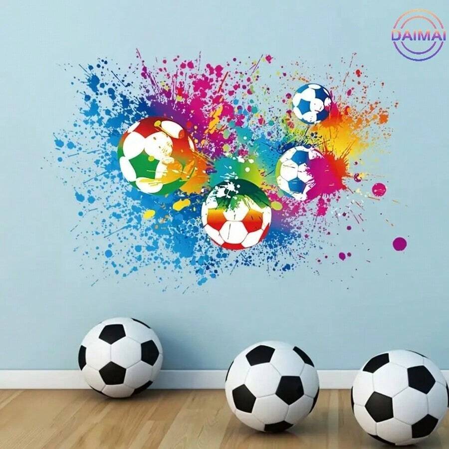 Marque DAIMAI / Sticker mural de football aquarelle - 1 pièce autocollant mural en PVC, motif de football finition semi-mate, autocollant décoratif jetable, convient pour la décoration de la chambre à coucher et du salon, décoration murale, décoration de la salle de bain, décoration de la chambre, décoration de la pièce, décoration du salon, décoration de la maison, art mural du salon, papier peint autocollant