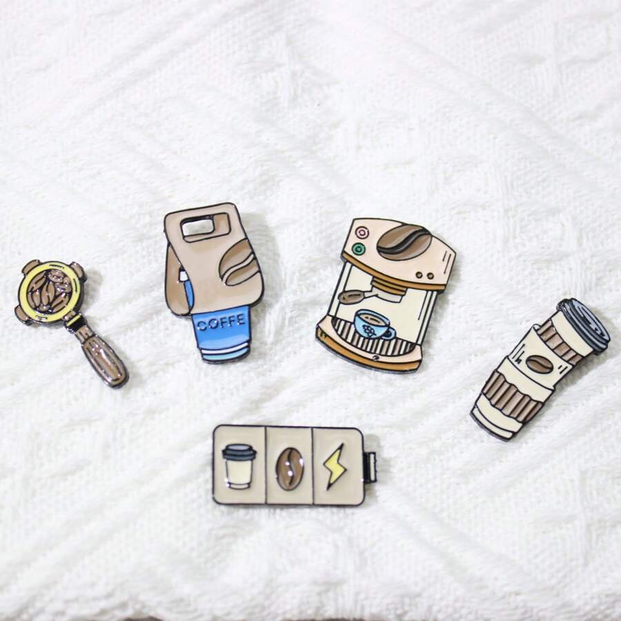 5pcs/Set Unique Imported American Coffee Logo Badge, Creative Cartoon Decoration Metal Brooch For Coat, Sweater