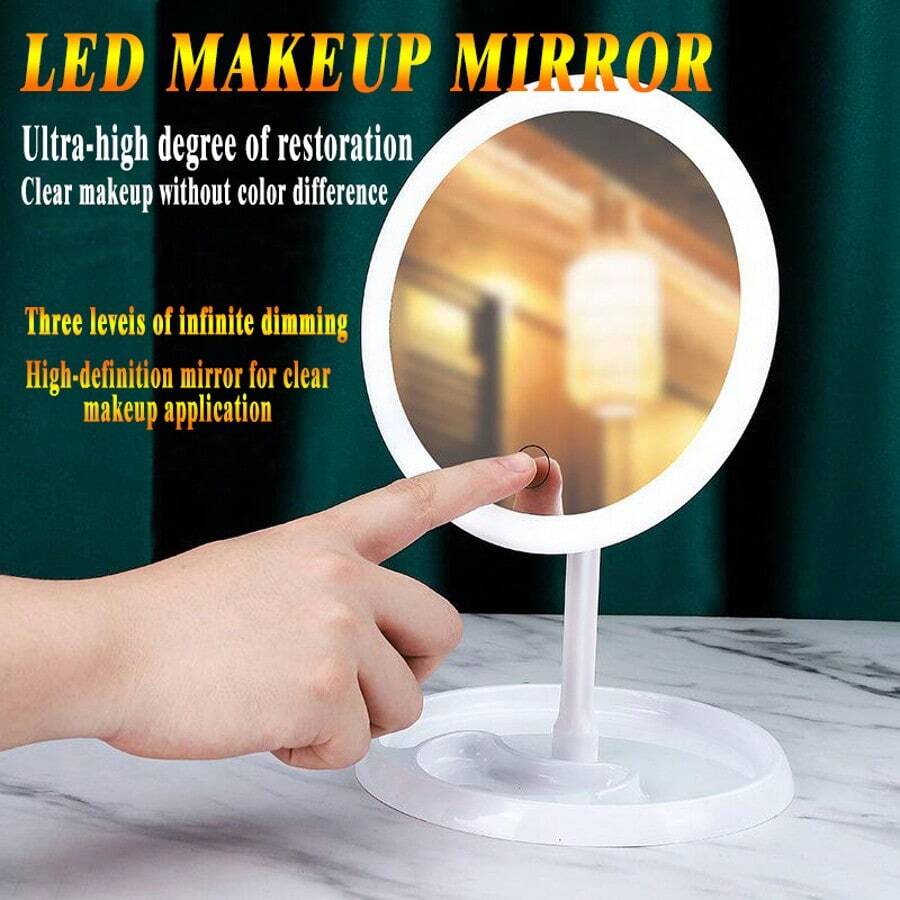 1 pieza Espejo de maquillaje con LED y tacto, 3 niveles de brillo + 3 temperaturas de color, espejo de alta definición, carga rápida tipo C extraíble, luz de relleno 1:1 verdadera/bandeja de almacenamiento portátil, para tocador de escritorio de estudiante/viaje, luz de relleno inteligente sin cable