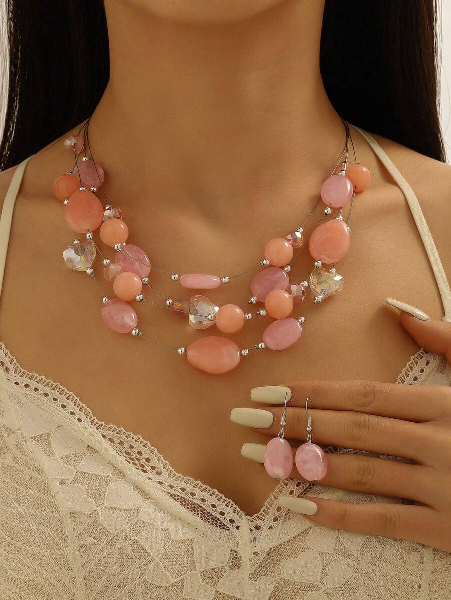 Boho-Chic 3pcs Summer Jewelry Set - Colorful Beaded & Turquoise Necklace And Earrings, Perfect For Parties & Vacations