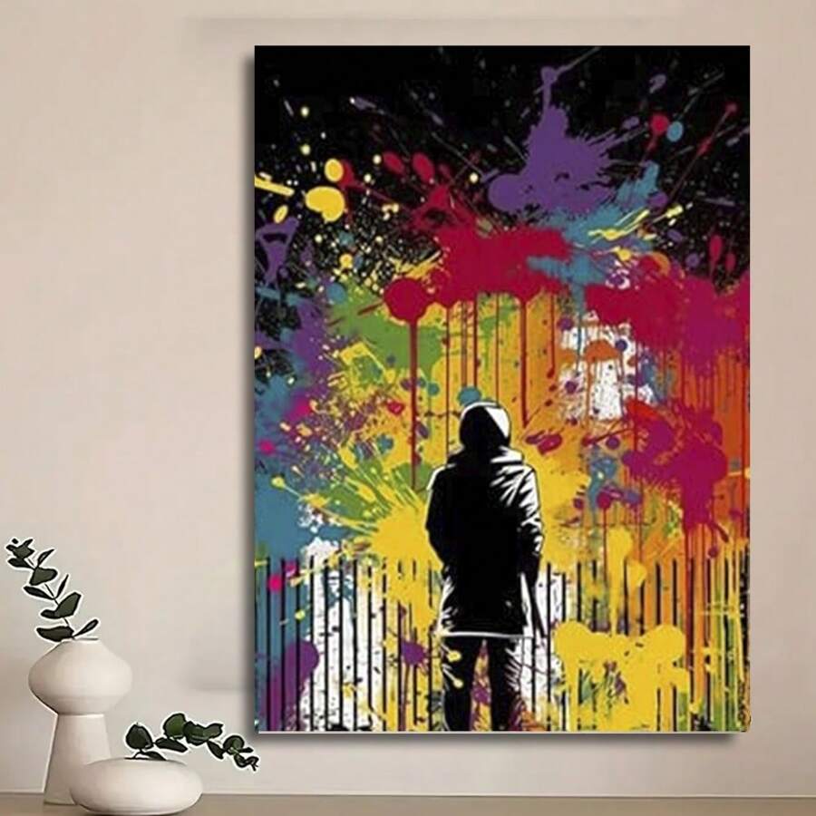 Framed Abstract Graffiti Ba Nksy Wall Art - Colorful Men Canvas Print Picture For Living Room Decoration, Modern Street Pop Art Painting, Artwork Cool Graffiti Poster For Bedroom Wall Decor Poster