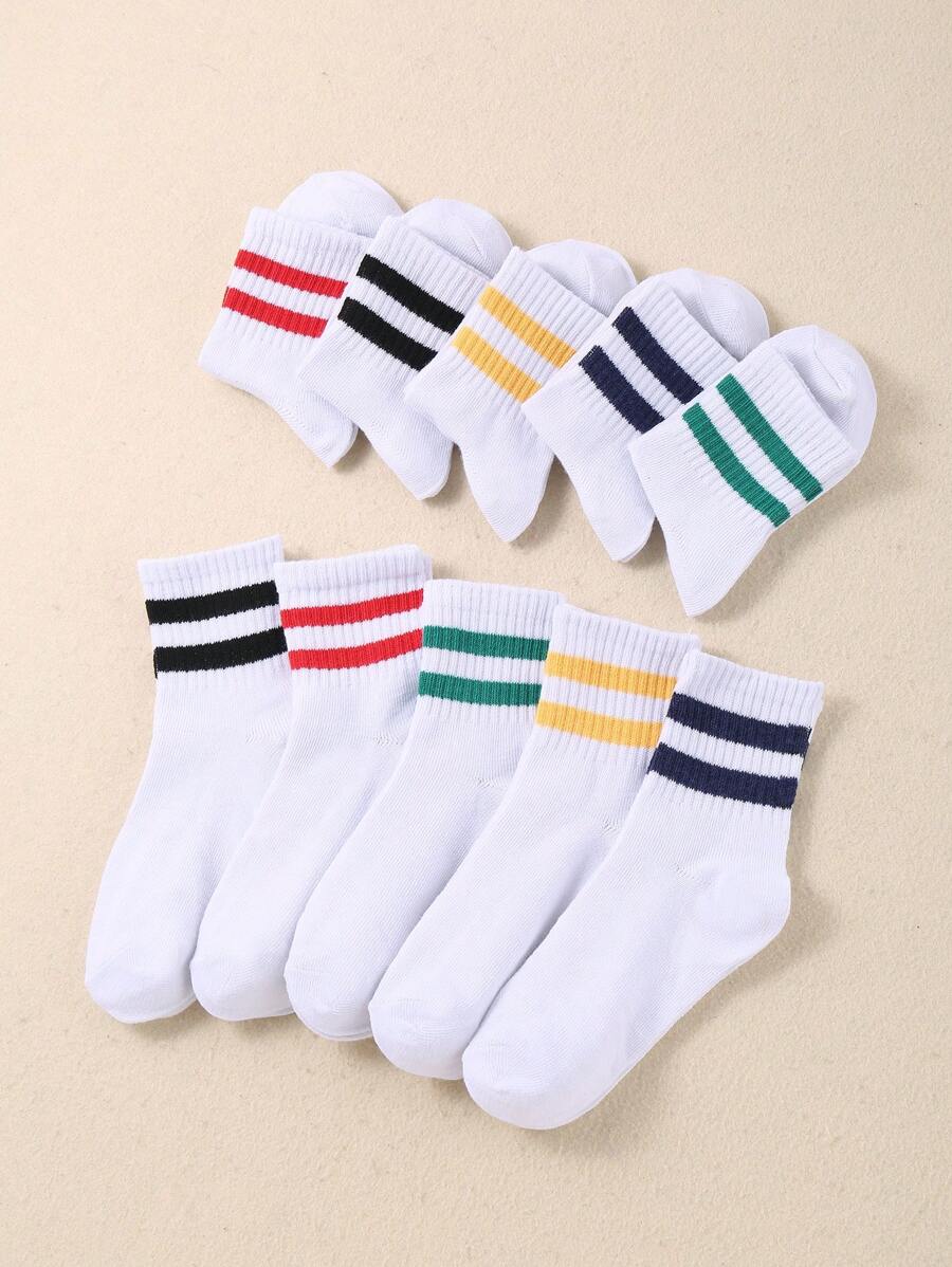 10 Pairs Of Kids' White Classic Striped Stretch Socks Are Casual And Comfortable For School Wear And Sports,Deodorant Sports Socks Children's Socks Unisex Teenagers Socks White