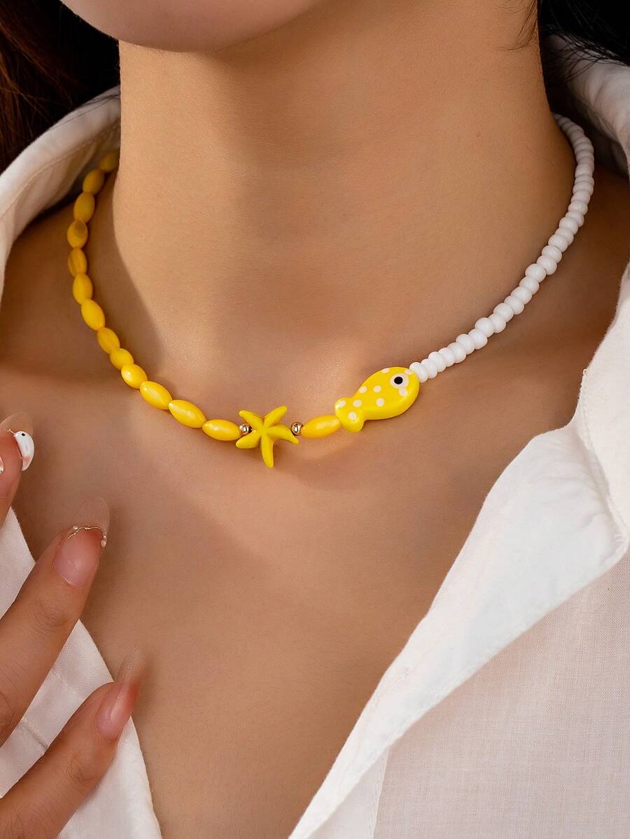 1pc Handmade Boho Beaded Fish & Starfish Necklace, Colorblock Bohemian Style Beach Vacation Necklace Jewelry For Women