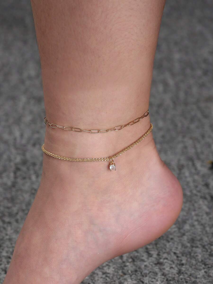 Nooxian 2pcs/Set Summer Beach Multilayer Anklet Set With Gold Chain & Cubic Zirconia Pendant, Gift For Women (Quantity Of Chain Rings Random)