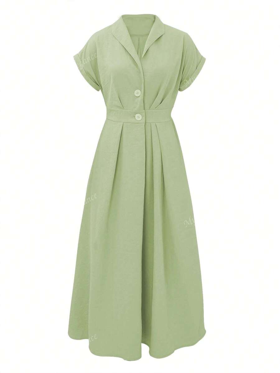 Women's Spring And Summer Thin Button Raglan Sleeve Waist A-Line Large Swing Collar Casual Vacation Elegant Solid Color Sundress Women's Long Dress