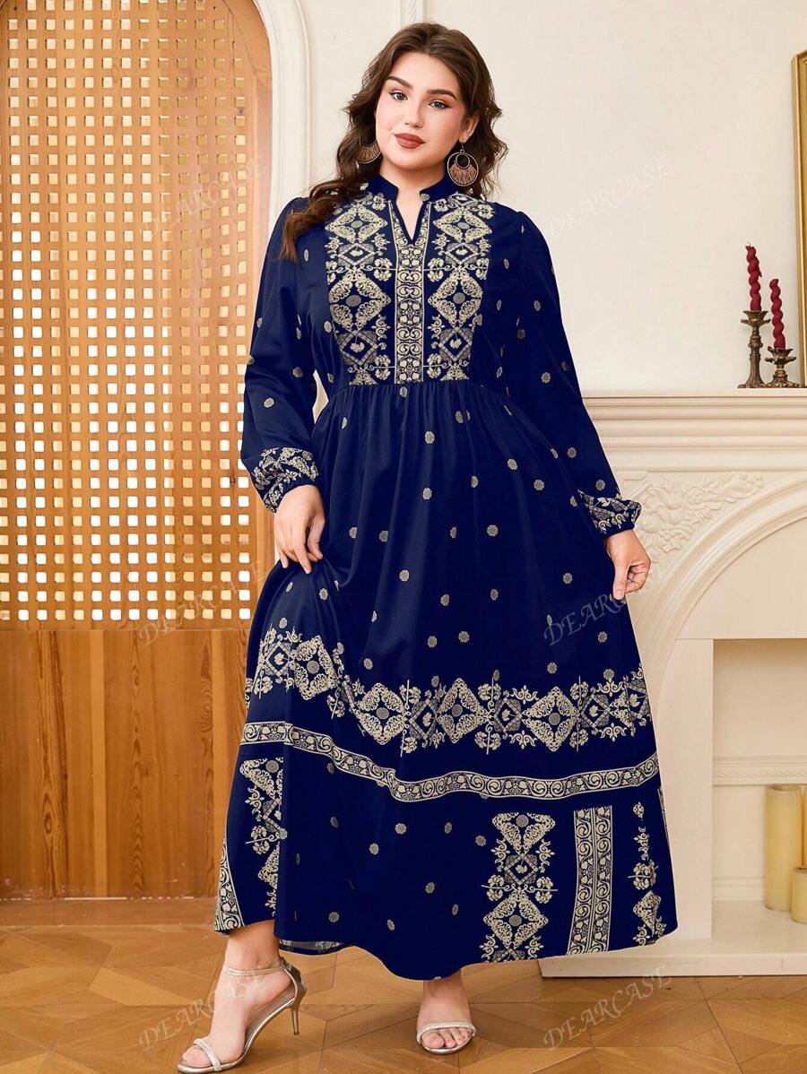 DEARCASE Plus Size Elegant Retro Print Notched Neck Long Dress