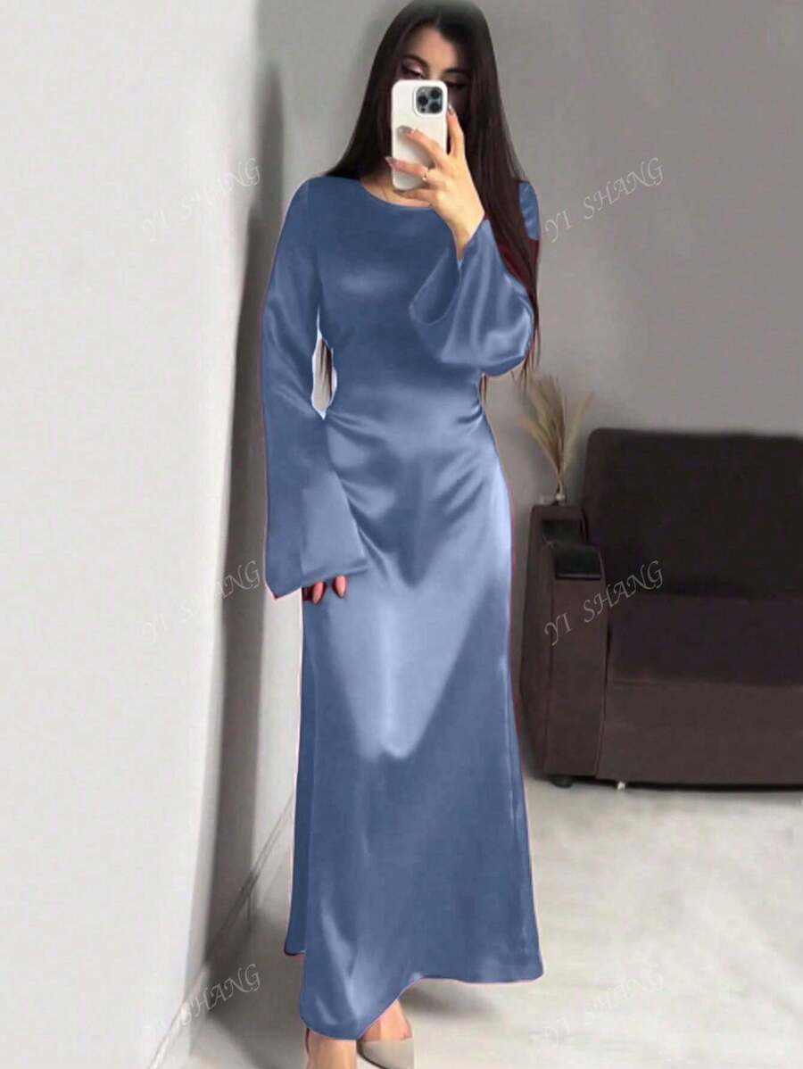 Vestido midi elegante de estilo árabe con cinturón y mangas acampanadas para mujer, modesto