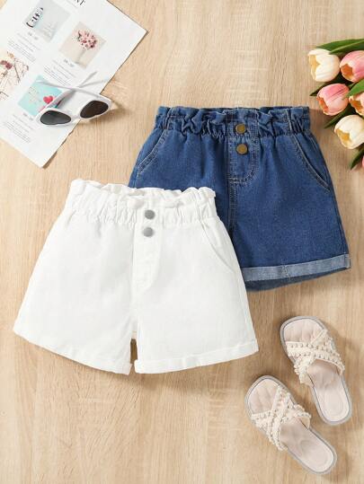 2Pcs Young Girls Cute Floral Ruffle Trim Denim Shorts, Summer Clothes