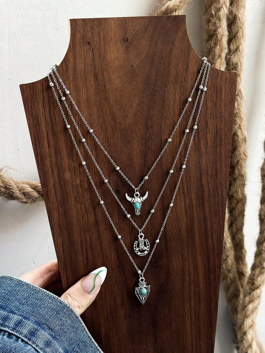 Conjunto de 3 peças turquesa estilo cowgirl ocidental vintage cabeça de touro ferradura cacto colar de corrente minimalista (colar cortado por comprimento, não por número de contas)