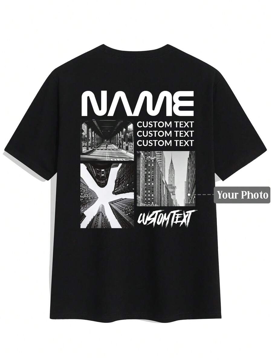Camiseta personalizada para hombre, sube tu propia imagen/foto/arte/paisaje, texto/bendición/mensaje/eslogan/nombre personalizado, personalice su texto, nombre y bendición, camiseta de cuello redondo de manga corta, negra, para festival de música, uso familiar, regalo de San Valentín, regalo de aniversario, regalo para amigos, regalo festivo, tops de verano