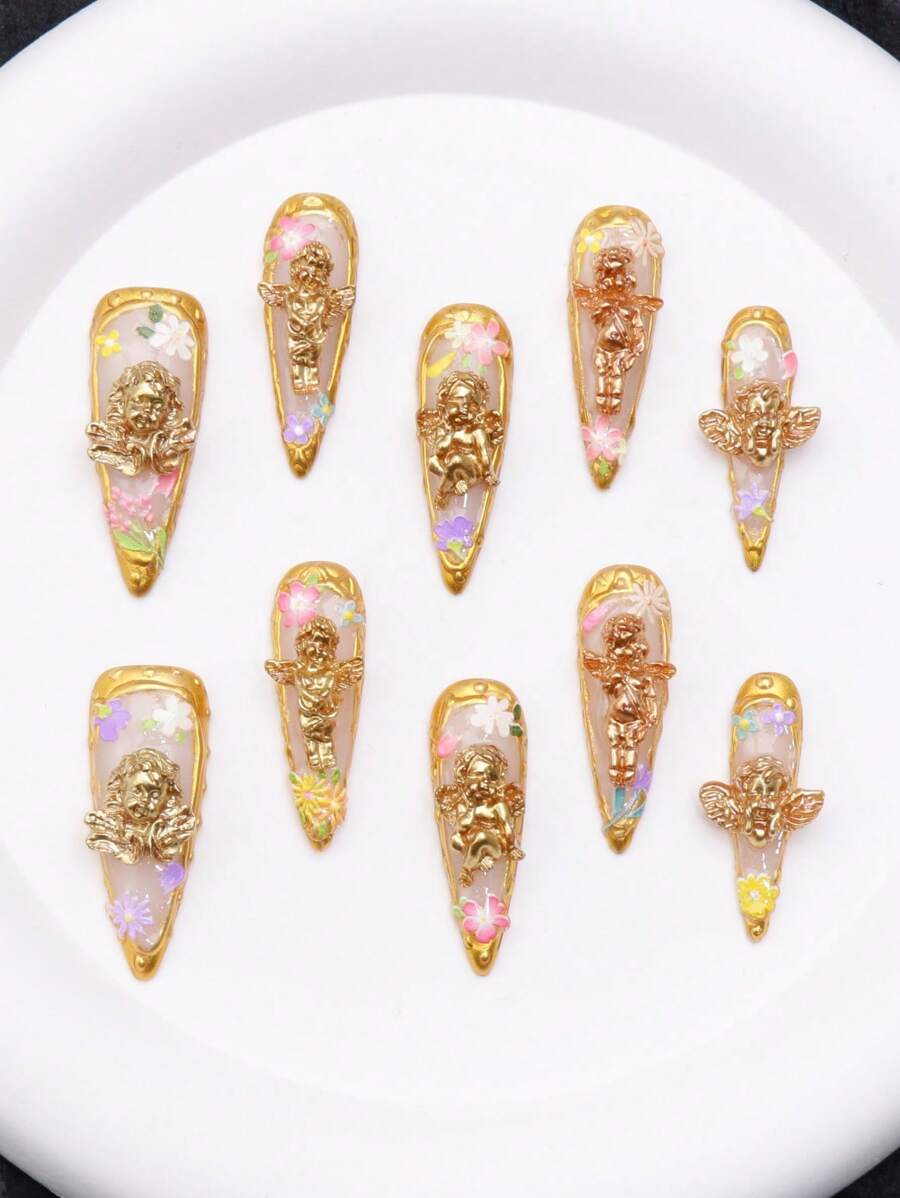 10 pezzi Set di unghie finte estive e primaverili fatte a mano, con fiori 3D e decorazioni di angeli, linee di arte, unghie a stiletto lunghe, con punte french lucide, accessori per manicure, design per unghie goth, unghie cromate, adatte per donne, ragazze e madri