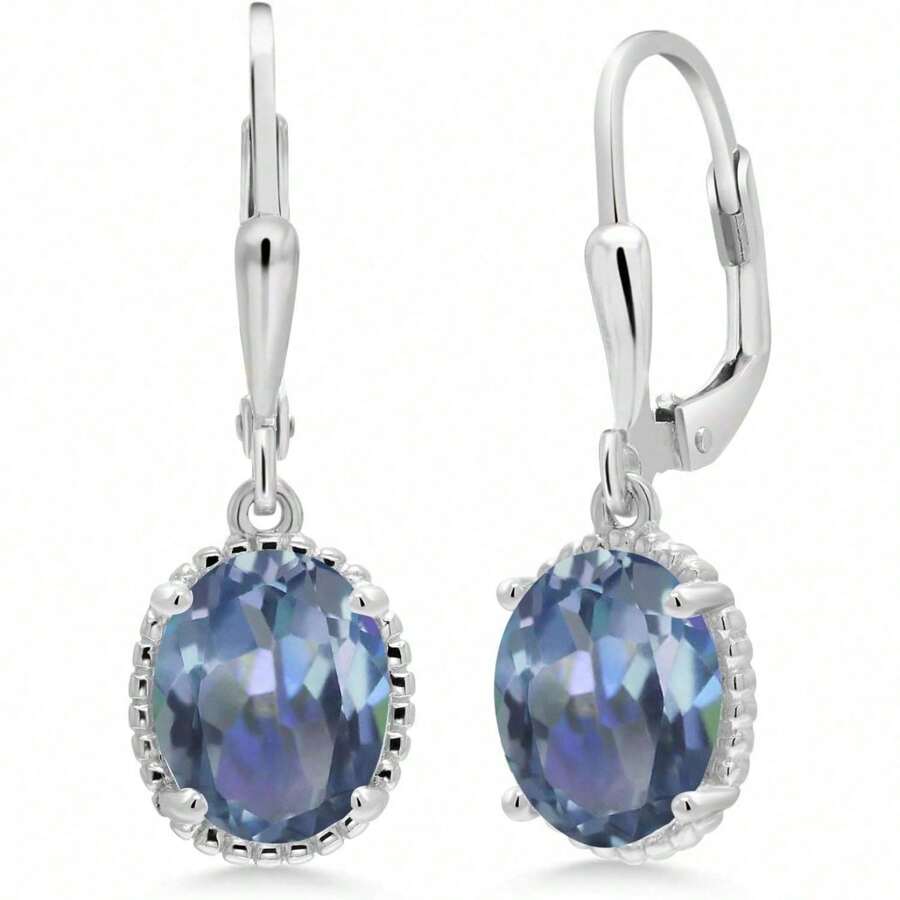 925 Sterling Silver 9X7MM Oval Gemstone Birthstone Leverback Drop Dangle Earrings For Women-WCZ