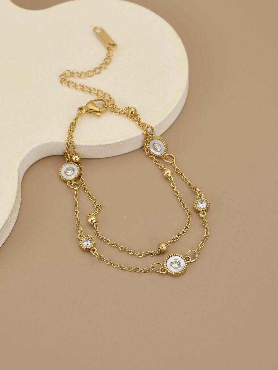 1pc Rhinestone & Crystal Decorated Retro Style Double Layer Round Ball Stainless Steel Luxury Women Bracelet