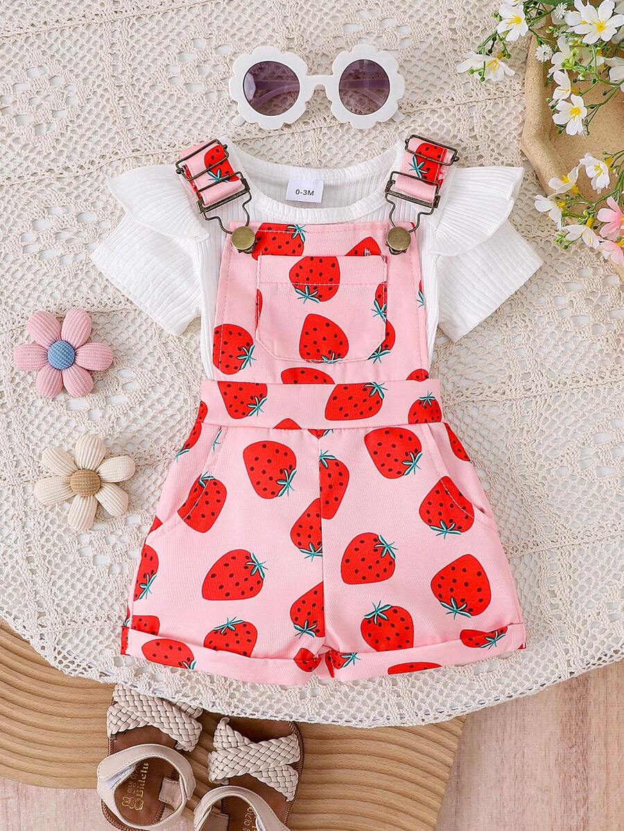 2pcs/Set Baby Girls Cute Short Sleeve Romper + Bib Pants Outfit, Lightweight Summer