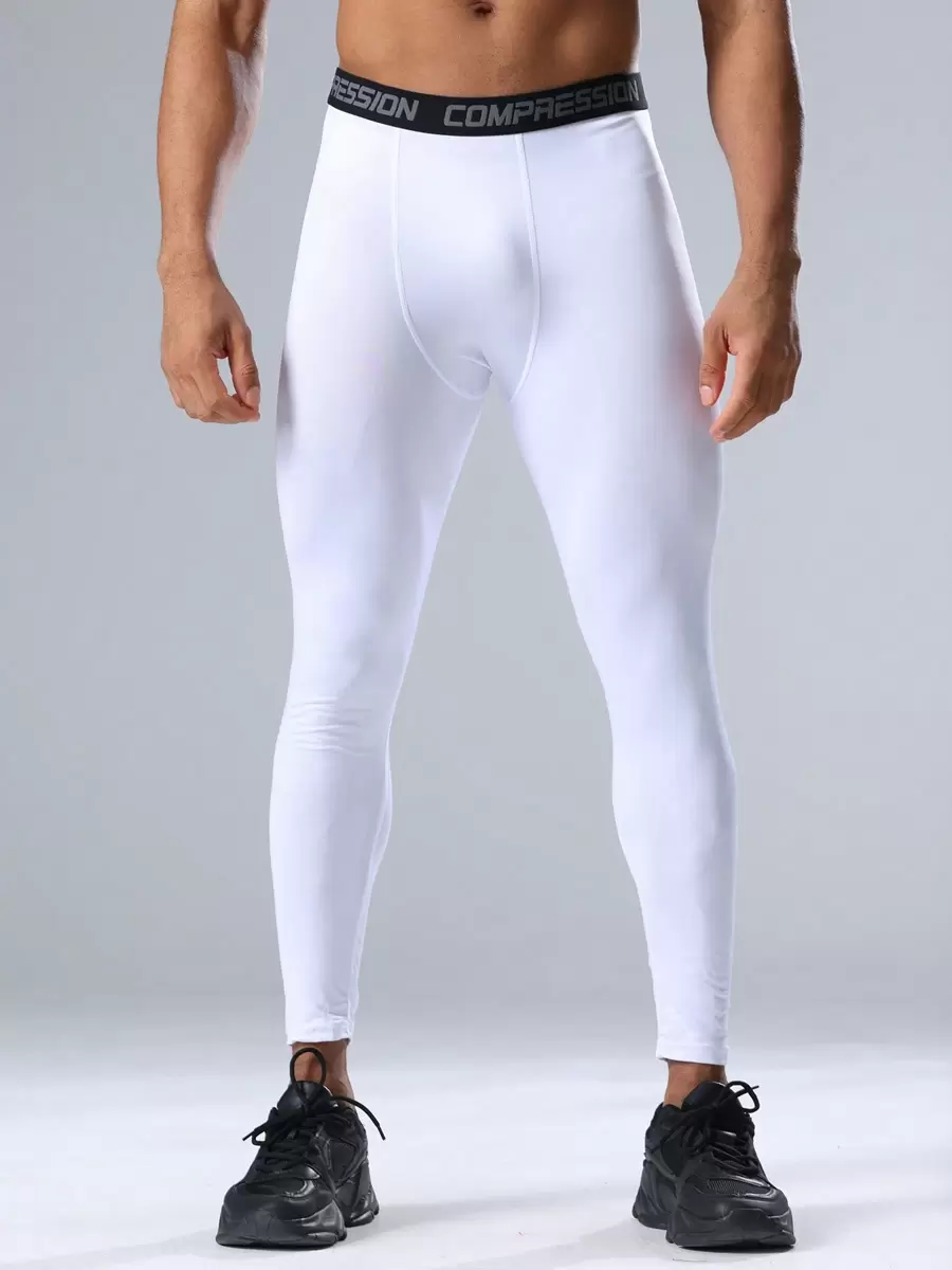 Men's Solid Colored Sports Fitness Tight Pants, High Elasticity Compression Leggings, Suitable For Outdoor Running Training