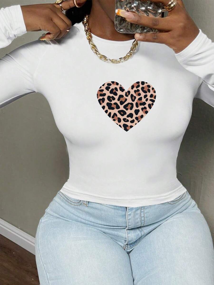 Heart Encased In Leopard Print Women's Fashion Long Sleeve Shirt